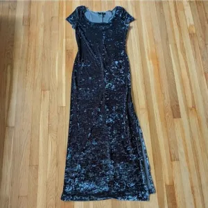 JSC Blue Grey velvet short sleeve maxi slit dress