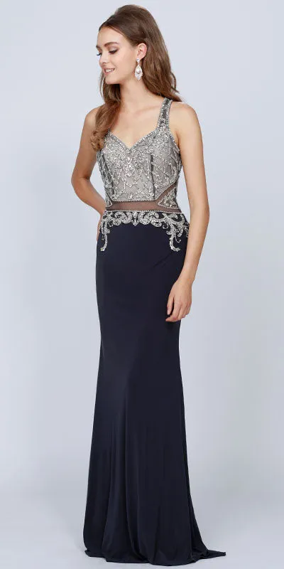 Juliet 618 Long Dress Beaded Bodice Sheer Midriff Cut Out Back