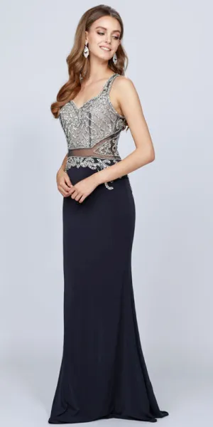 Juliet 618 Long Dress Beaded Bodice Sheer Midriff Cut Out Back