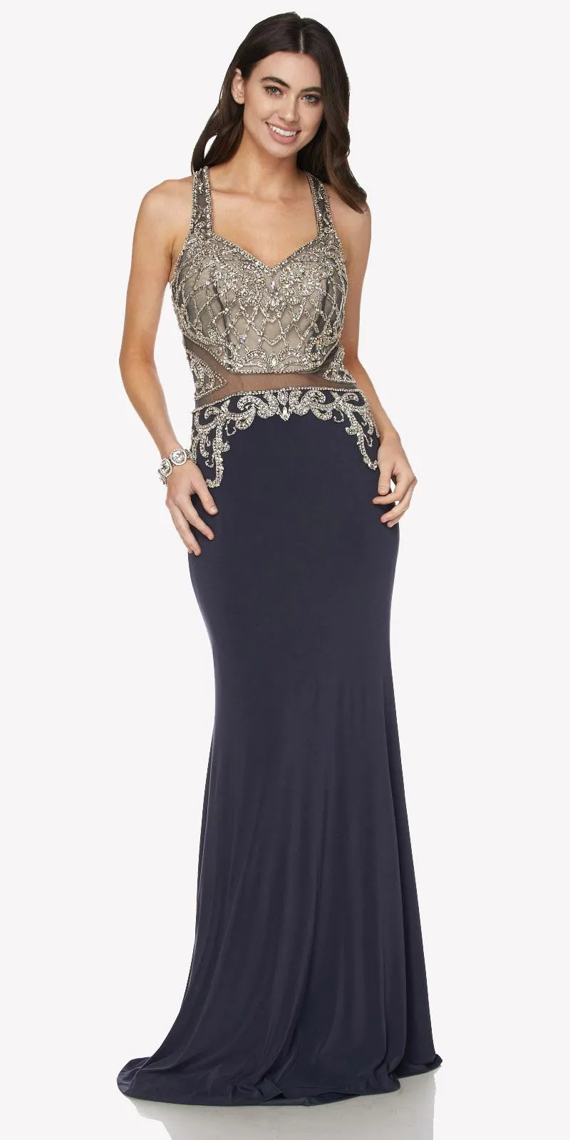 Juliet 618 Long Dress Beaded Bodice Sheer Midriff Cut Out Back