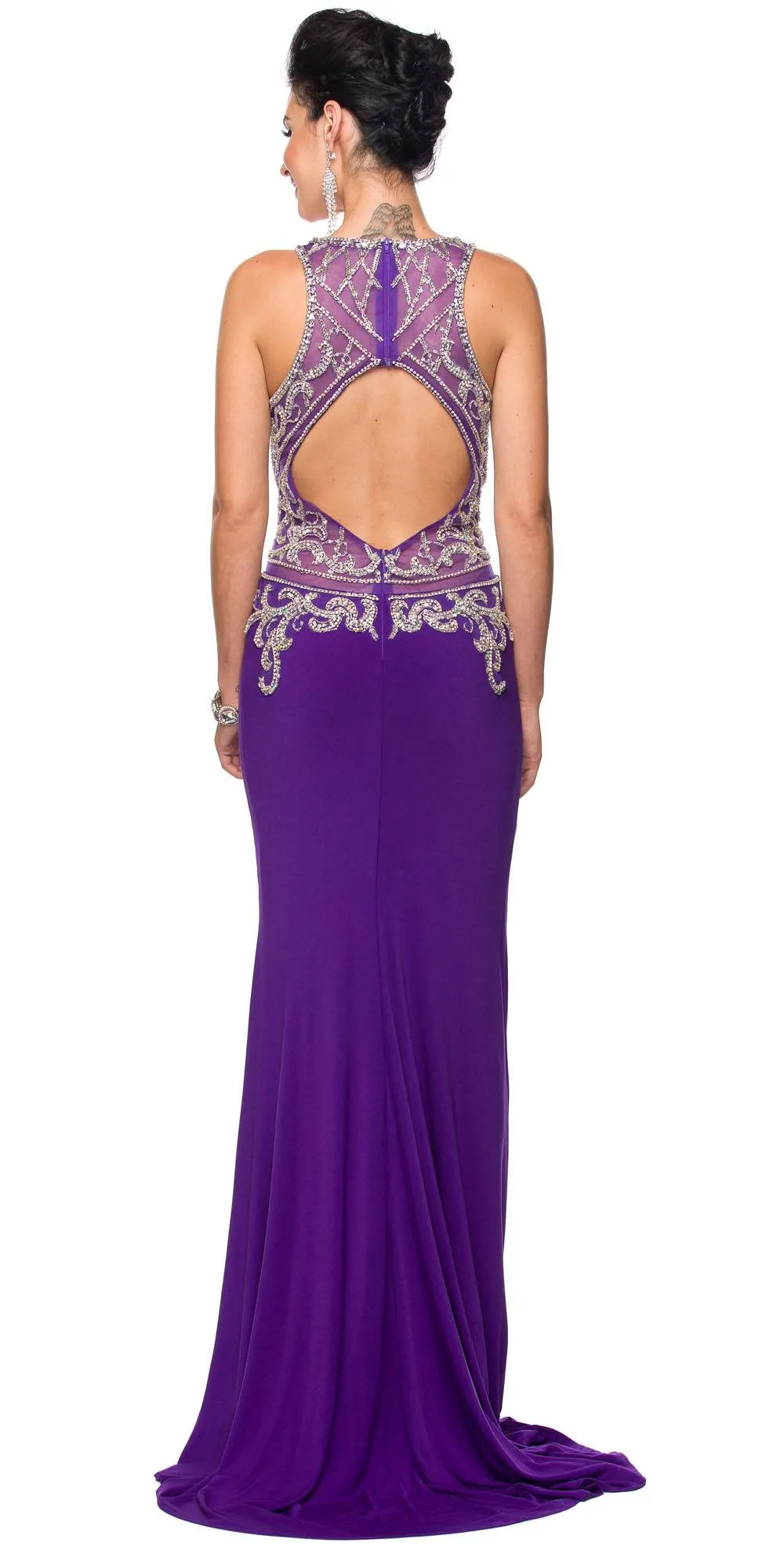 Juliet 618 Long Dress Beaded Bodice Sheer Midriff Cut Out Back