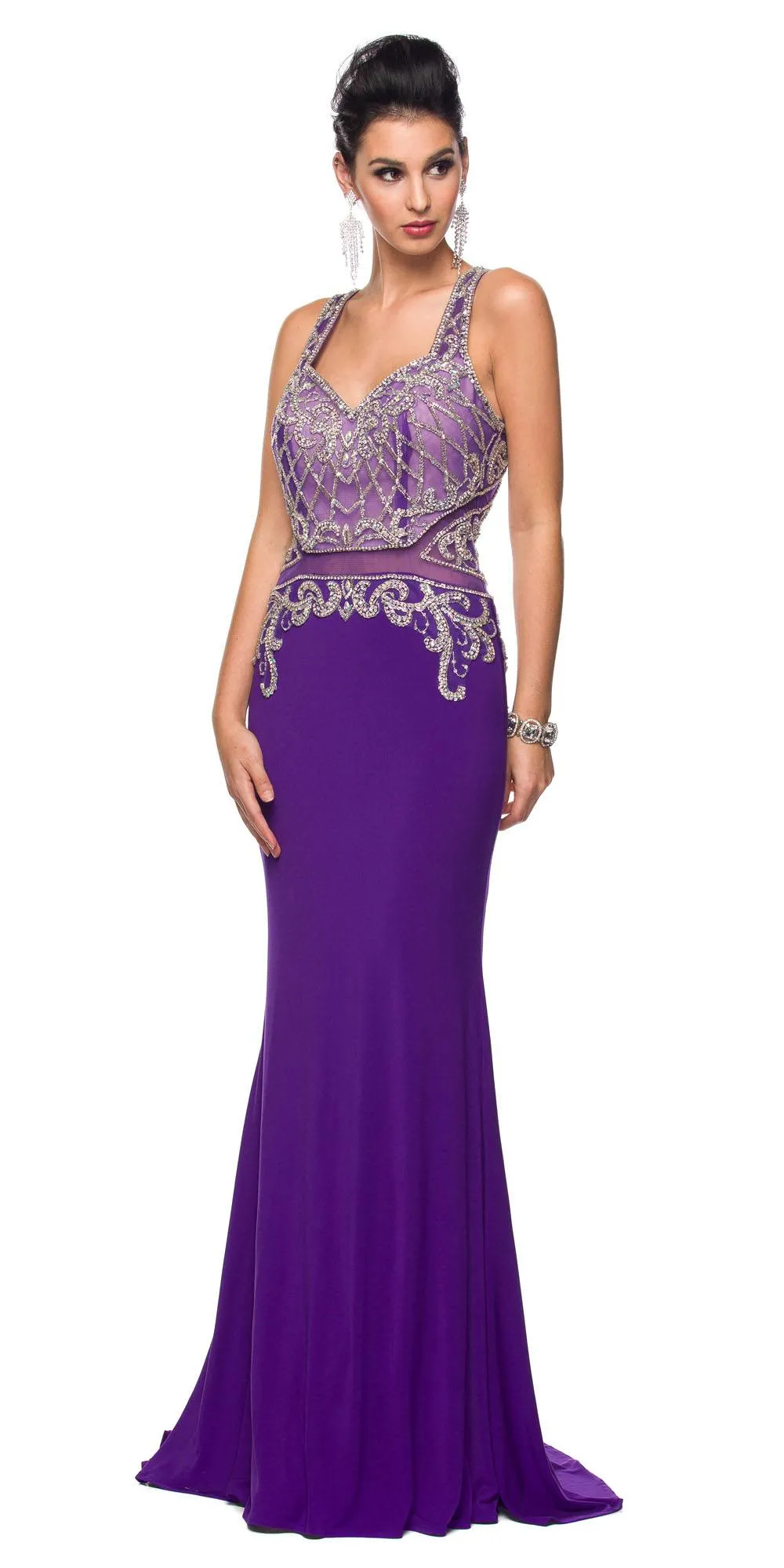 Juliet 618 Long Dress Beaded Bodice Sheer Midriff Cut Out Back