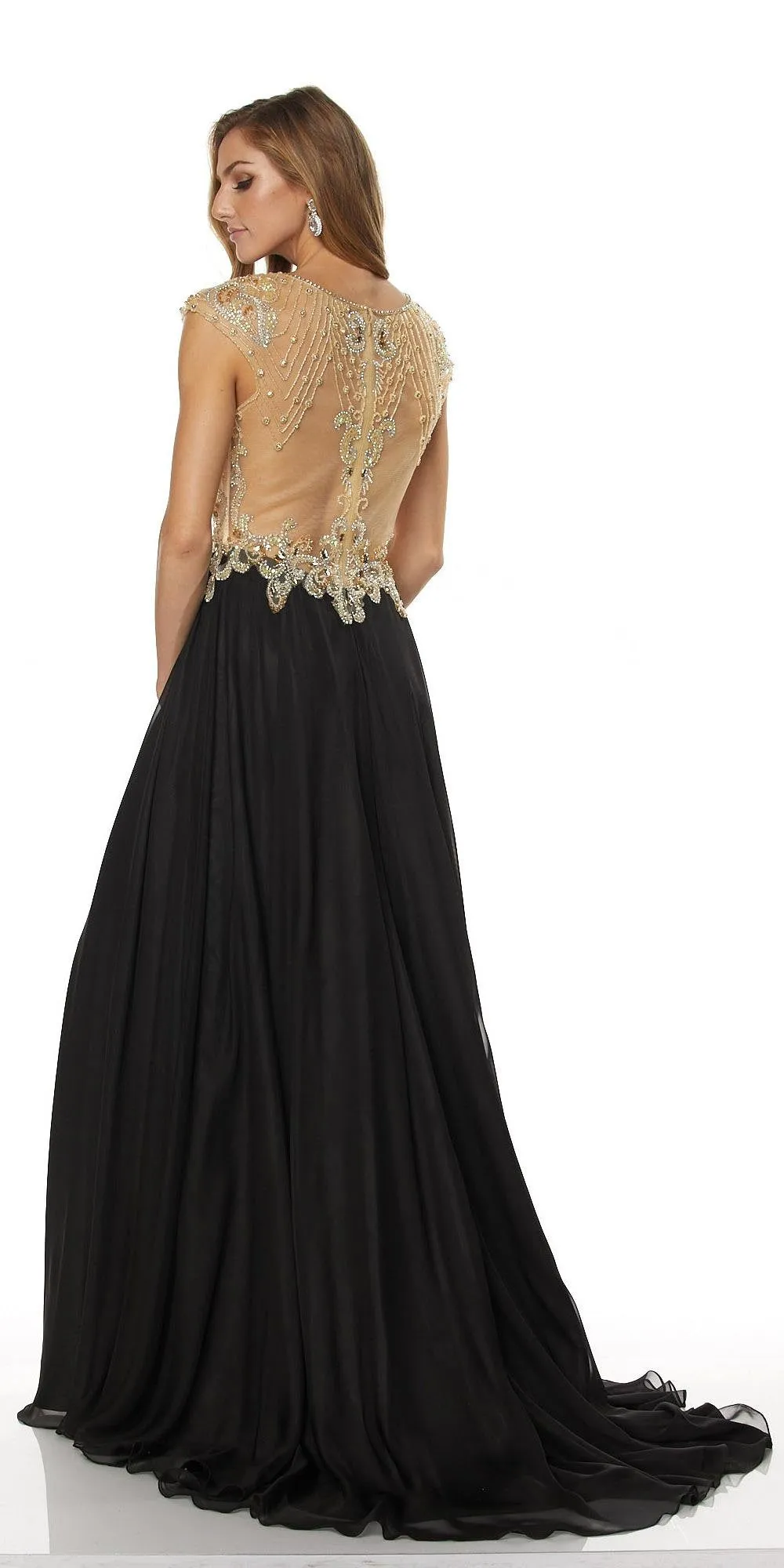 Juliet 636 Beaded Bodice Cap Sleeve Prom Gown with Slit and Train