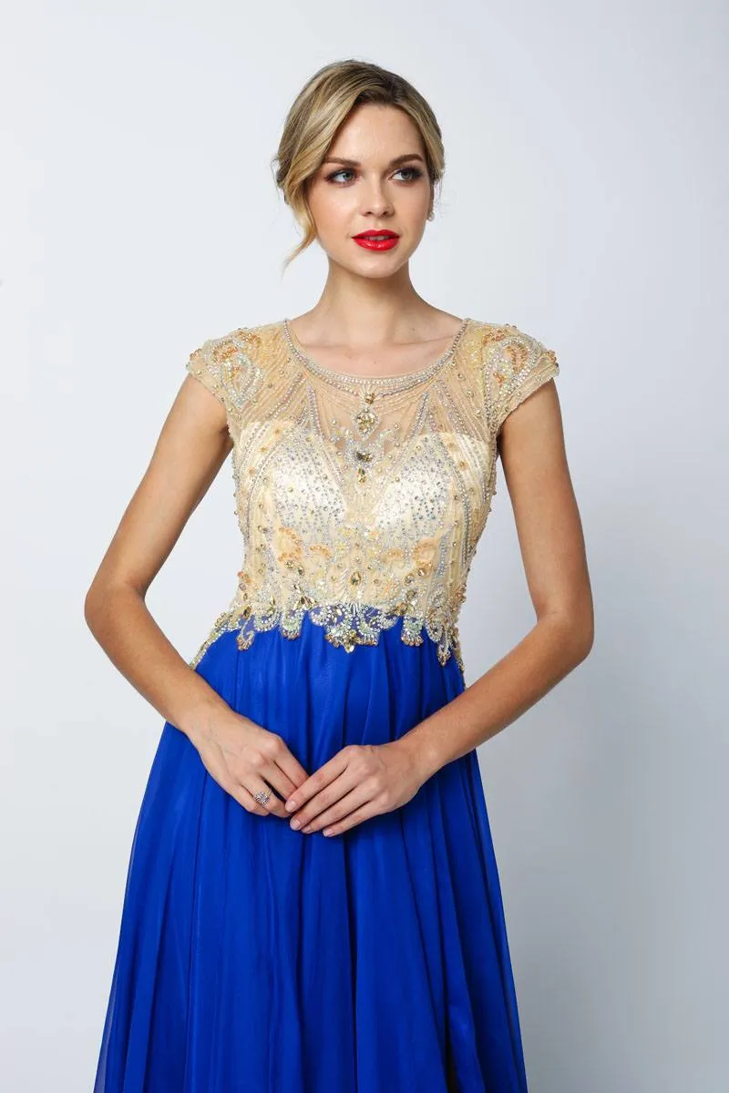 Juliet 636 Beaded Bodice Cap Sleeve Prom Gown with Slit and Train