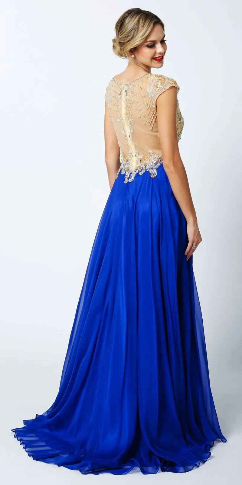Juliet 636 Beaded Bodice Cap Sleeve Prom Gown with Slit and Train