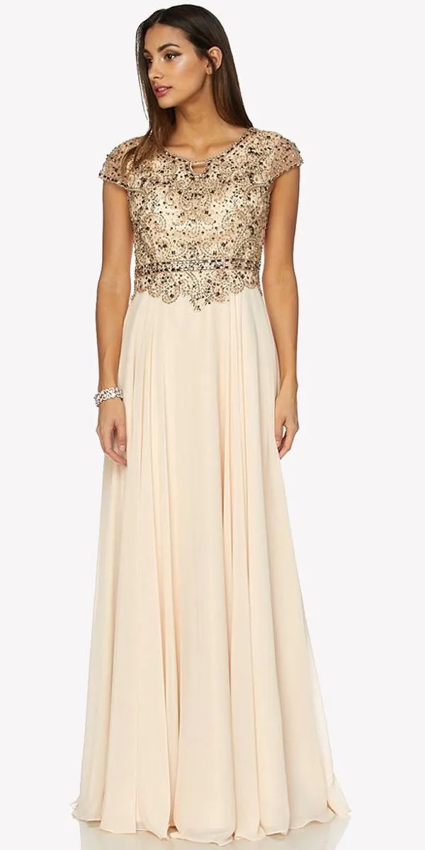 Juliet 657 Cap Sleeves Beaded Bodice A-line Long Dress