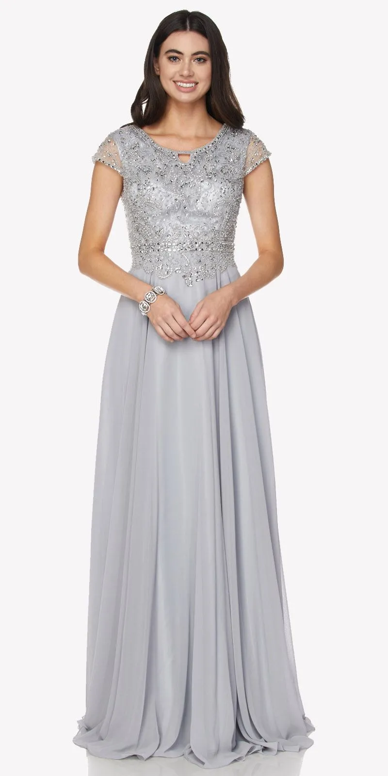 Juliet 657 Cap Sleeves Beaded Bodice A-line Long Dress