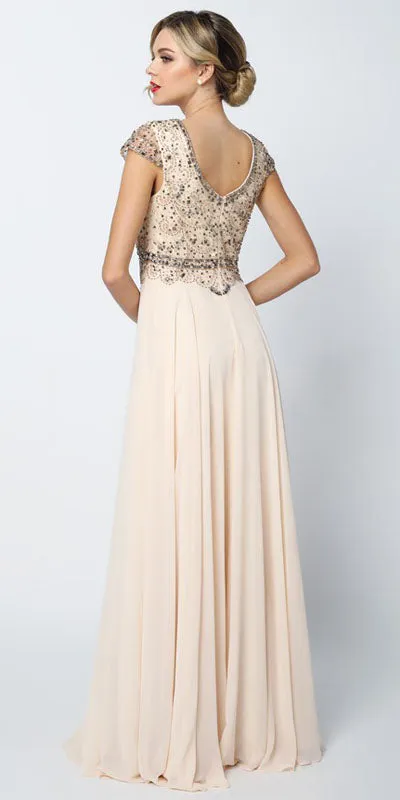 Juliet 657 Cap Sleeves Beaded Bodice A-line Long Dress