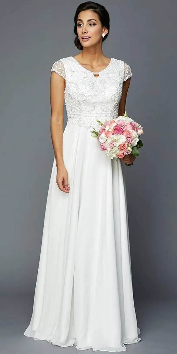 Juliet 657 Cap Sleeves Beaded Bodice A-line Long Dress