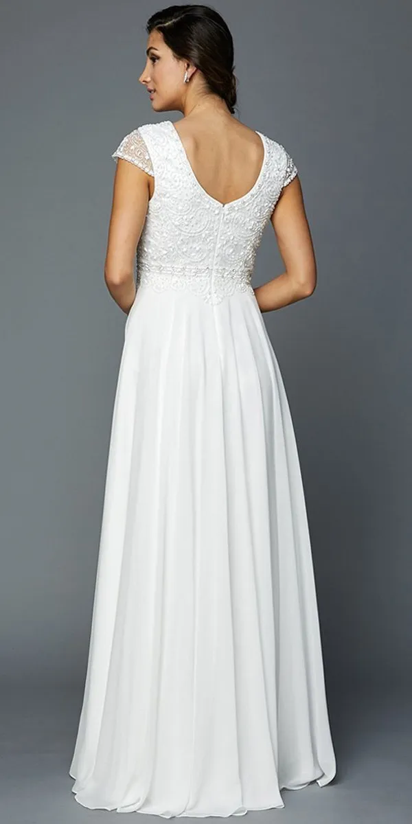 Juliet 657 Cap Sleeves Beaded Bodice A-line Long Dress
