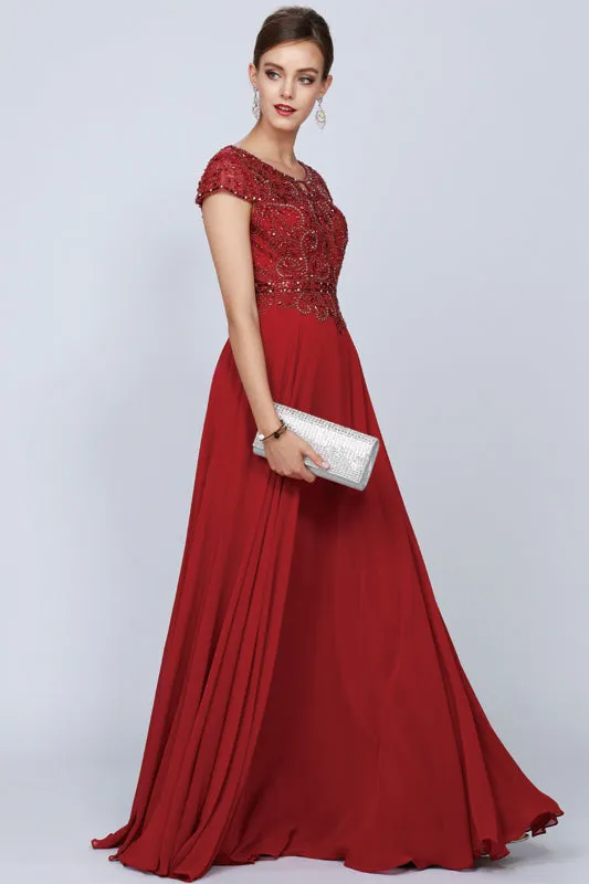 Juliet 657 Cap Sleeves Beaded Bodice A-line Long Dress