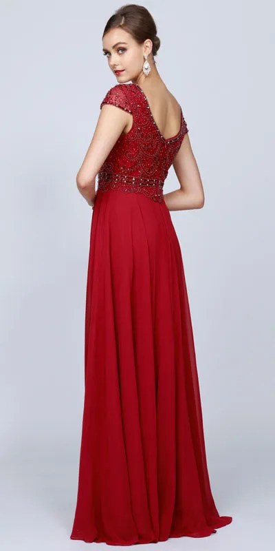 Juliet 657 Cap Sleeves Beaded Bodice A-line Long Dress