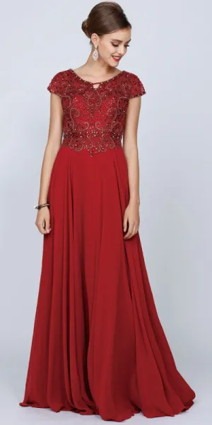 Juliet 657 Cap Sleeves Beaded Bodice A-line Long Dress