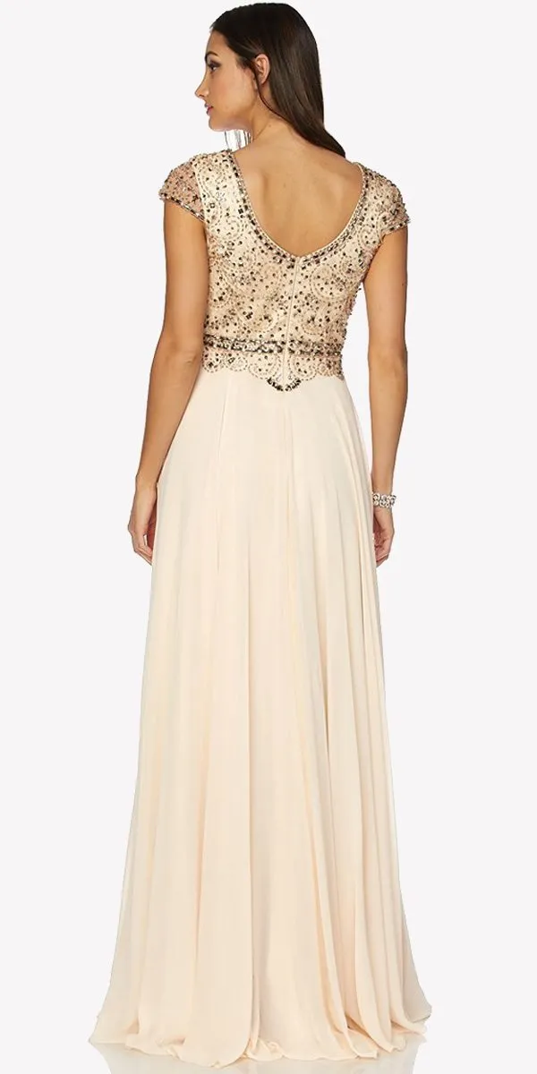 Juliet 657 Cap Sleeves Beaded Bodice A-line Long Dress