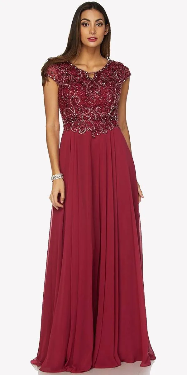Juliet 657 Cap Sleeves Beaded Bodice A-line Long Dress