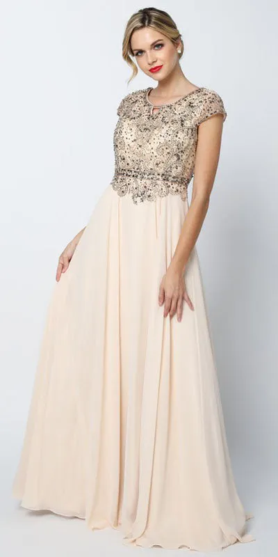 Juliet 657 Cap Sleeves Beaded Bodice A-line Long Dress
