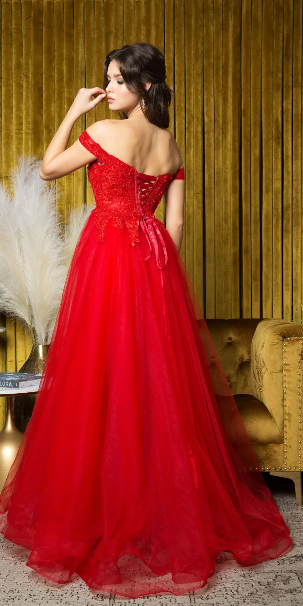 Juno A1012 Floor Length A-Line Tulle Skirt Off the Shoulder Gown
