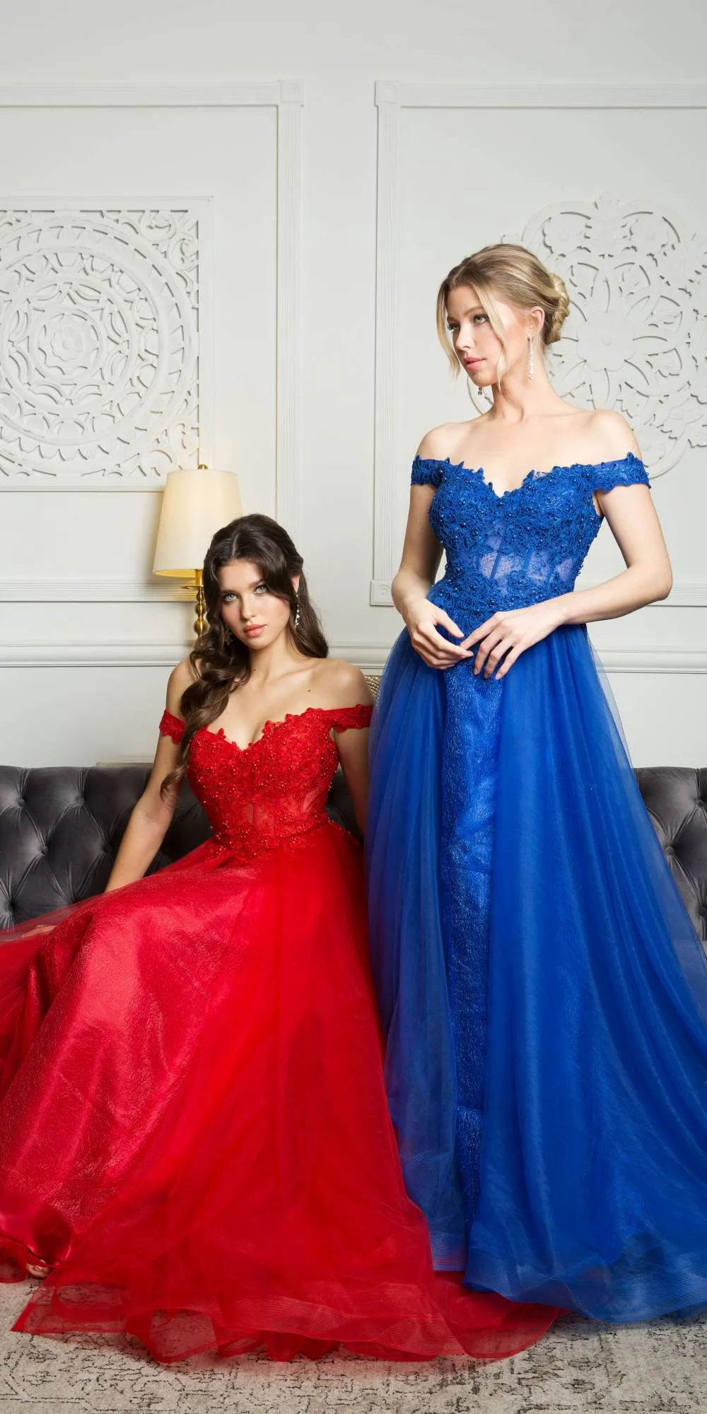 Juno A1012 Floor Length A-Line Tulle Skirt Off the Shoulder Gown