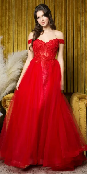 Juno A1012 Floor Length A-Line Tulle Skirt Off the Shoulder Gown