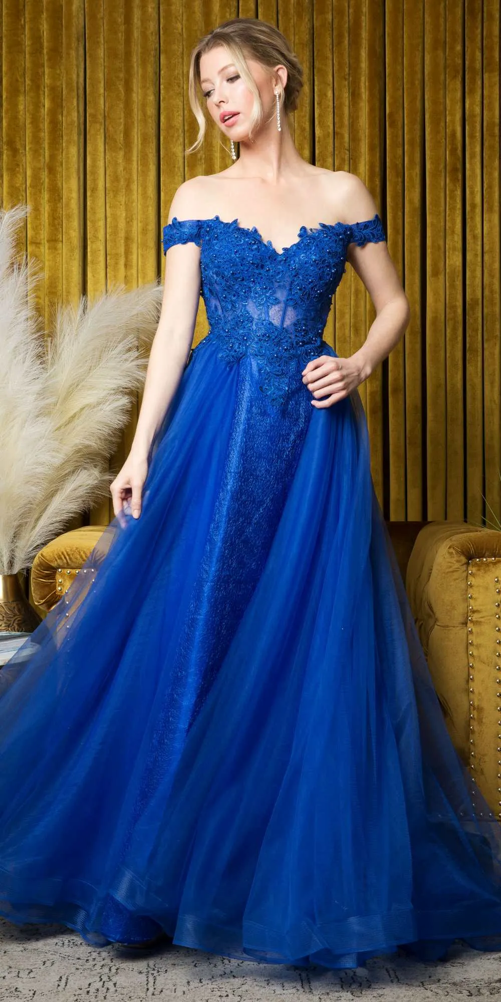 Juno A1012 Floor Length A-Line Tulle Skirt Off the Shoulder Gown