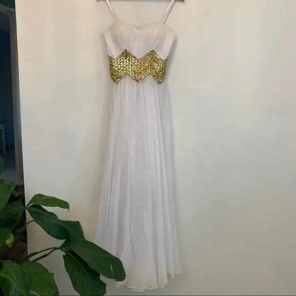 LA FEMME white and gold chevron detail maxi dress
