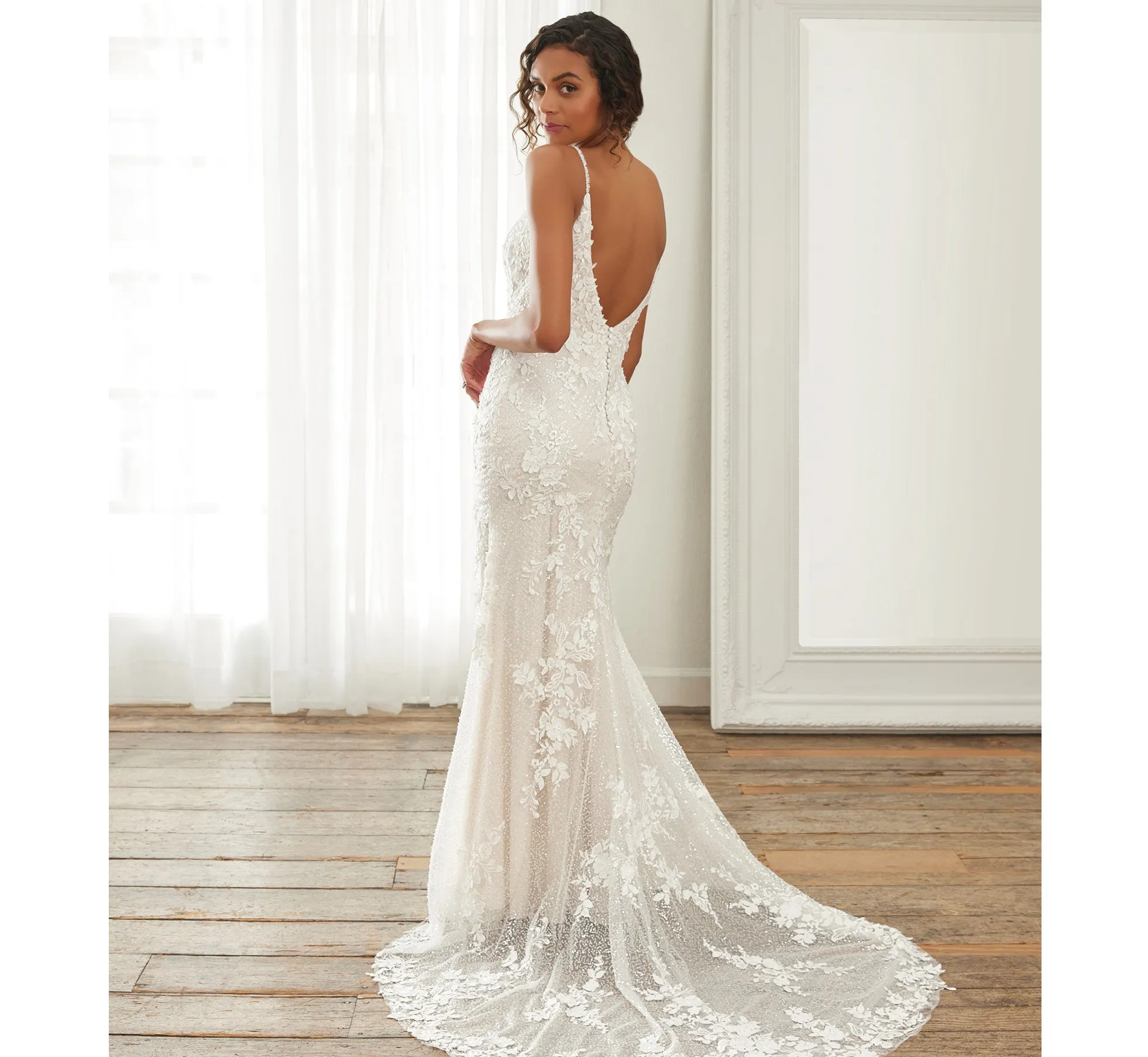 Lace And Hand-Sequined Tulle Fit-And-Flare Gown In Ivory Almond Nude