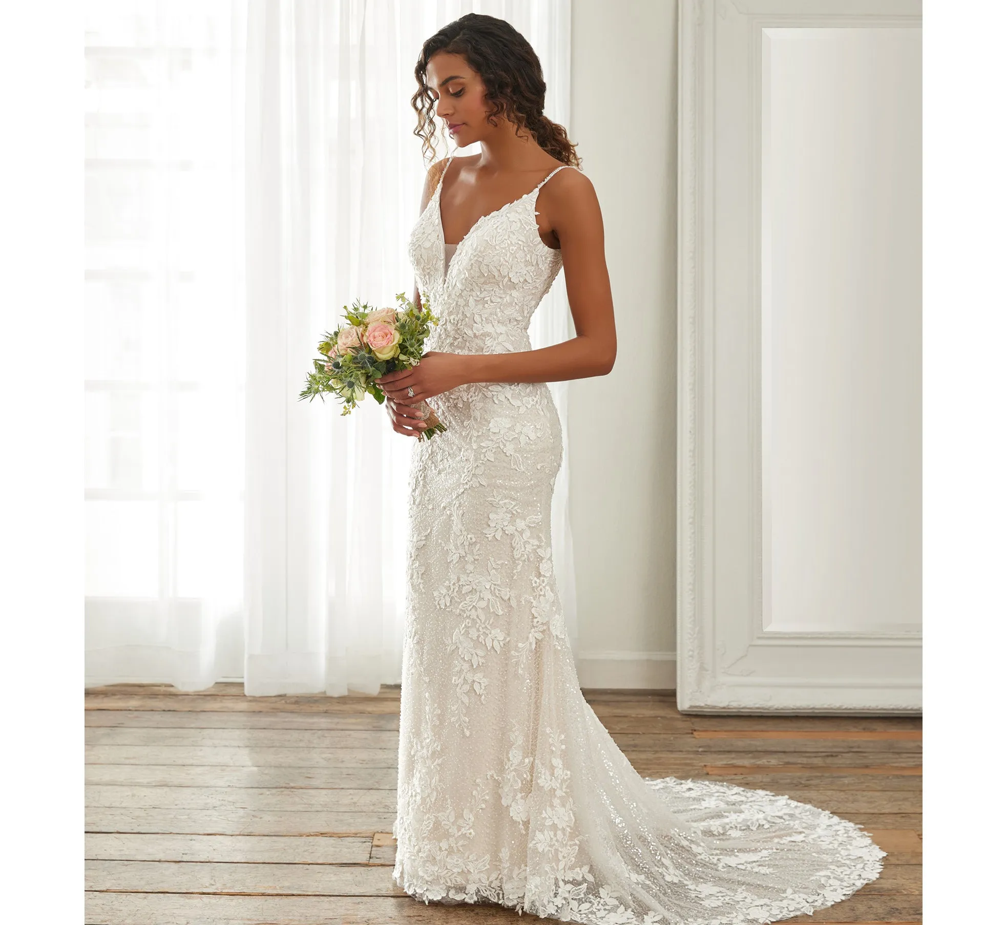 Lace And Hand-Sequined Tulle Fit-And-Flare Gown In Ivory Almond Nude