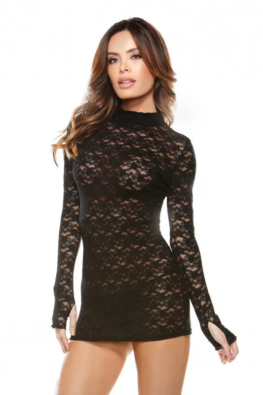 Lace Long Sleeve Mini Dress  - One Size-  Black