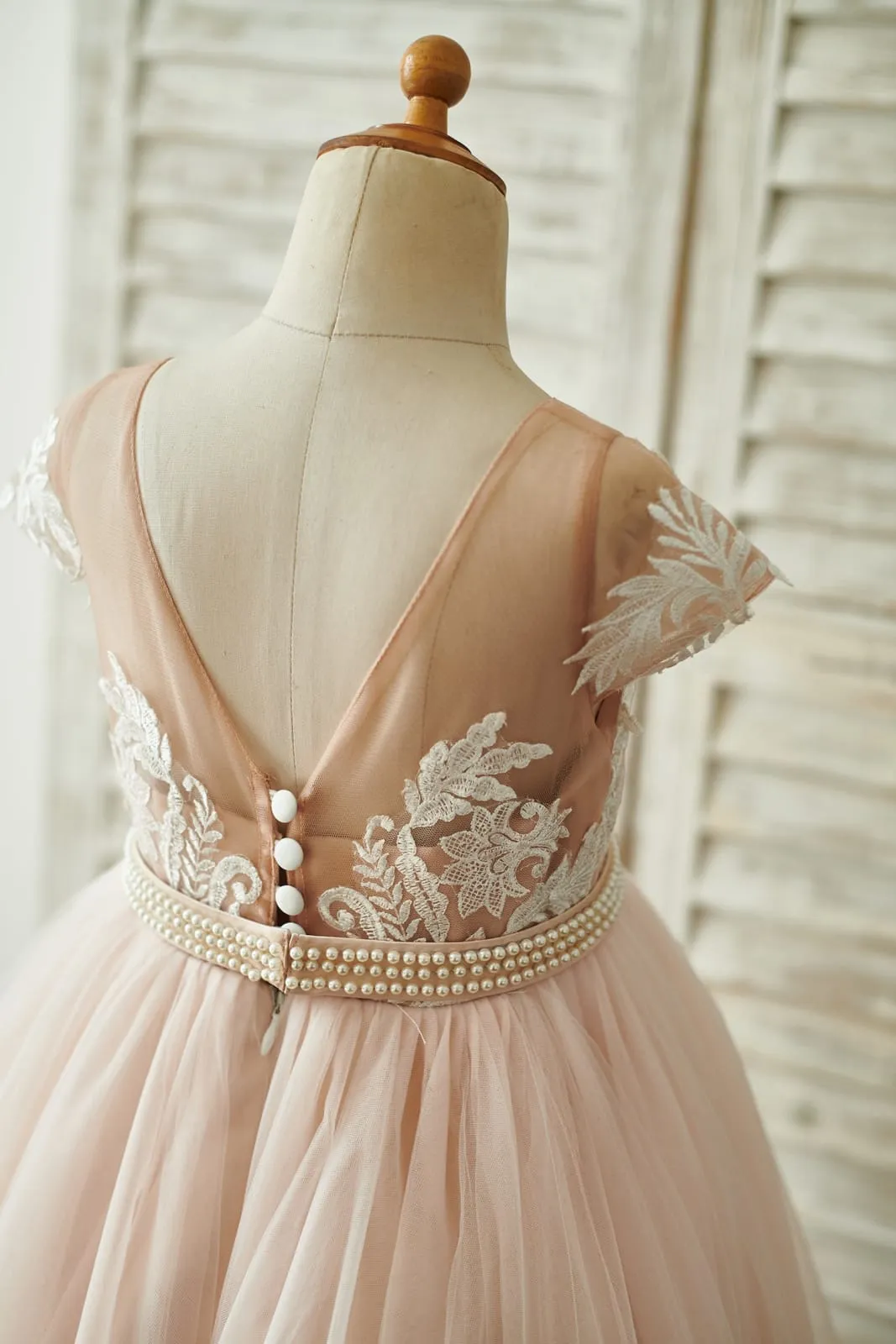 Lace Tulle V Back Cap Sleeves Floor Length Wedding Flower Girl Dress