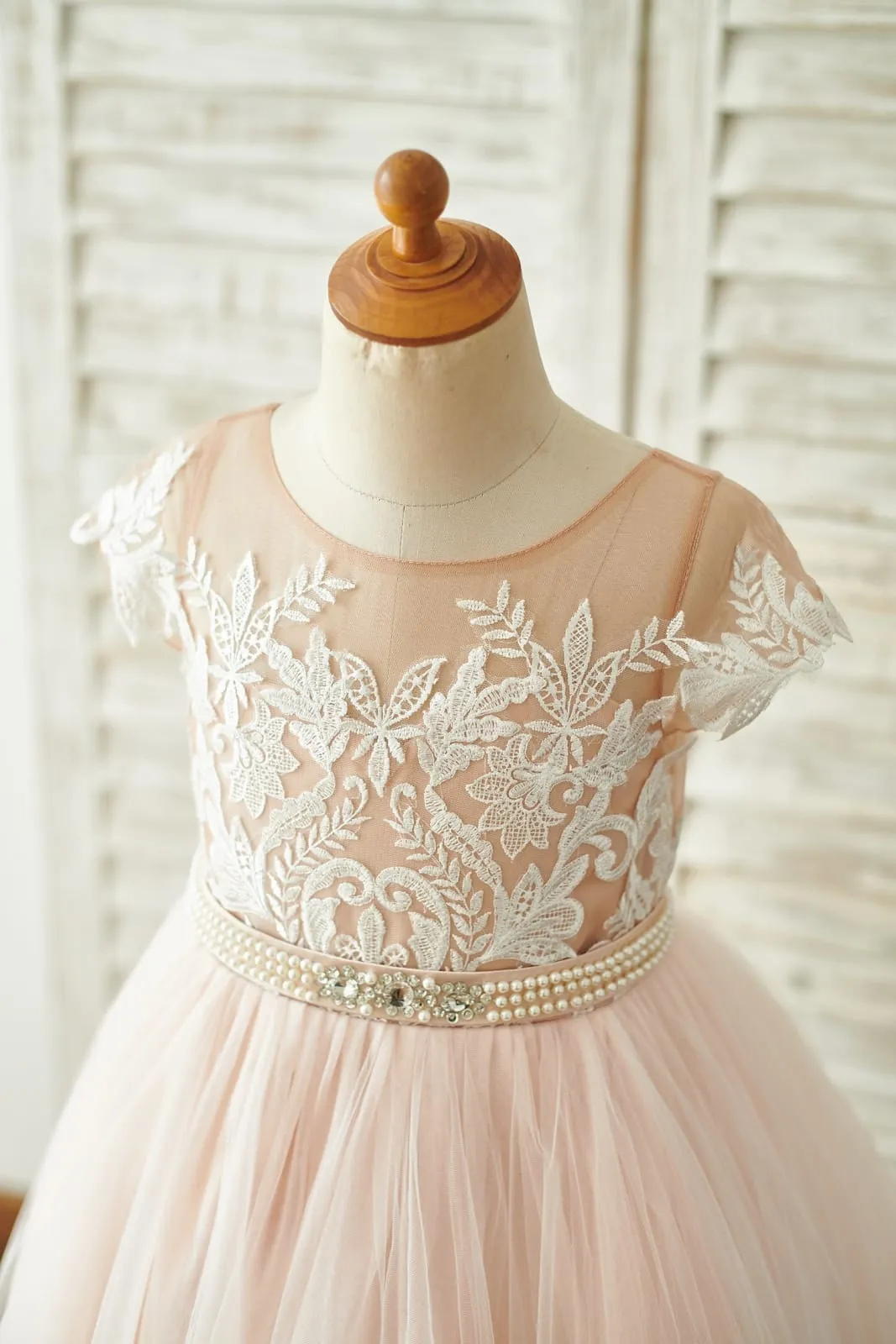 Lace Tulle V Back Cap Sleeves Floor Length Wedding Flower Girl Dress