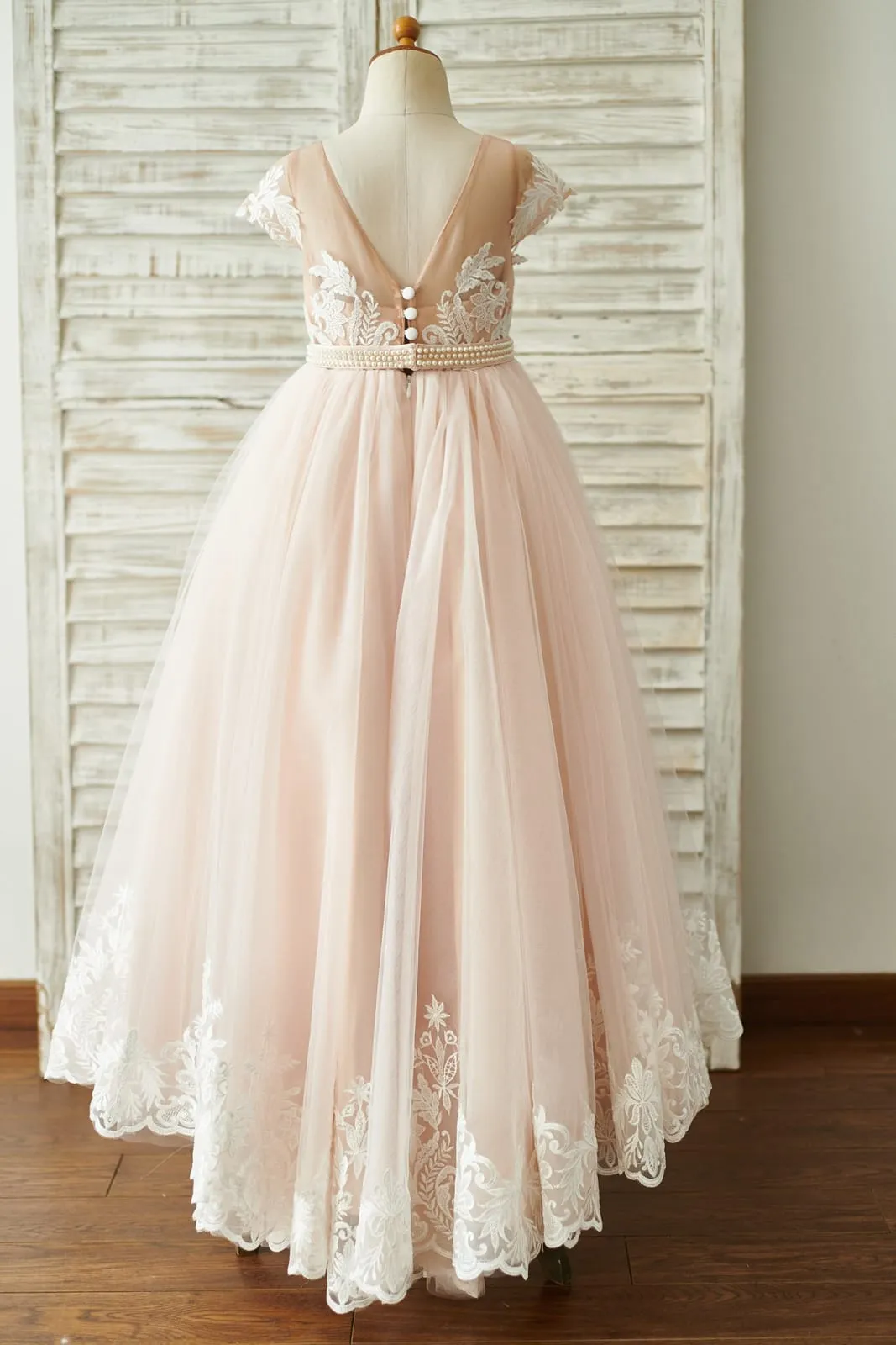 Lace Tulle V Back Cap Sleeves Floor Length Wedding Flower Girl Dress