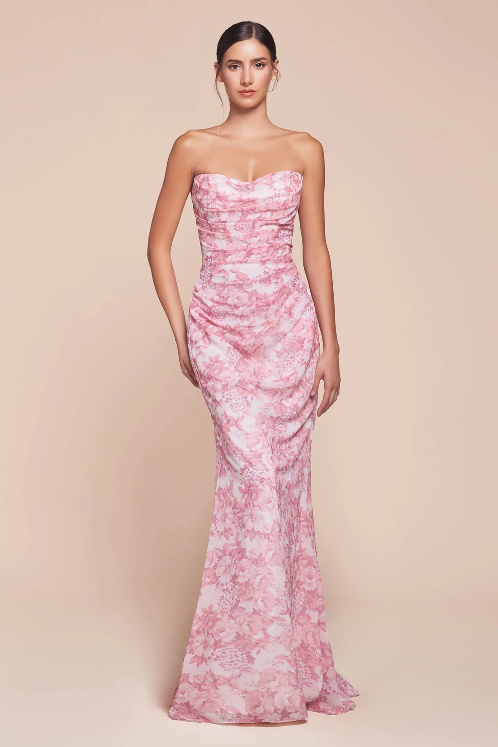 Ladivine 7445 Dress Strapless Floral Printed Fitted Soft Satin Dress