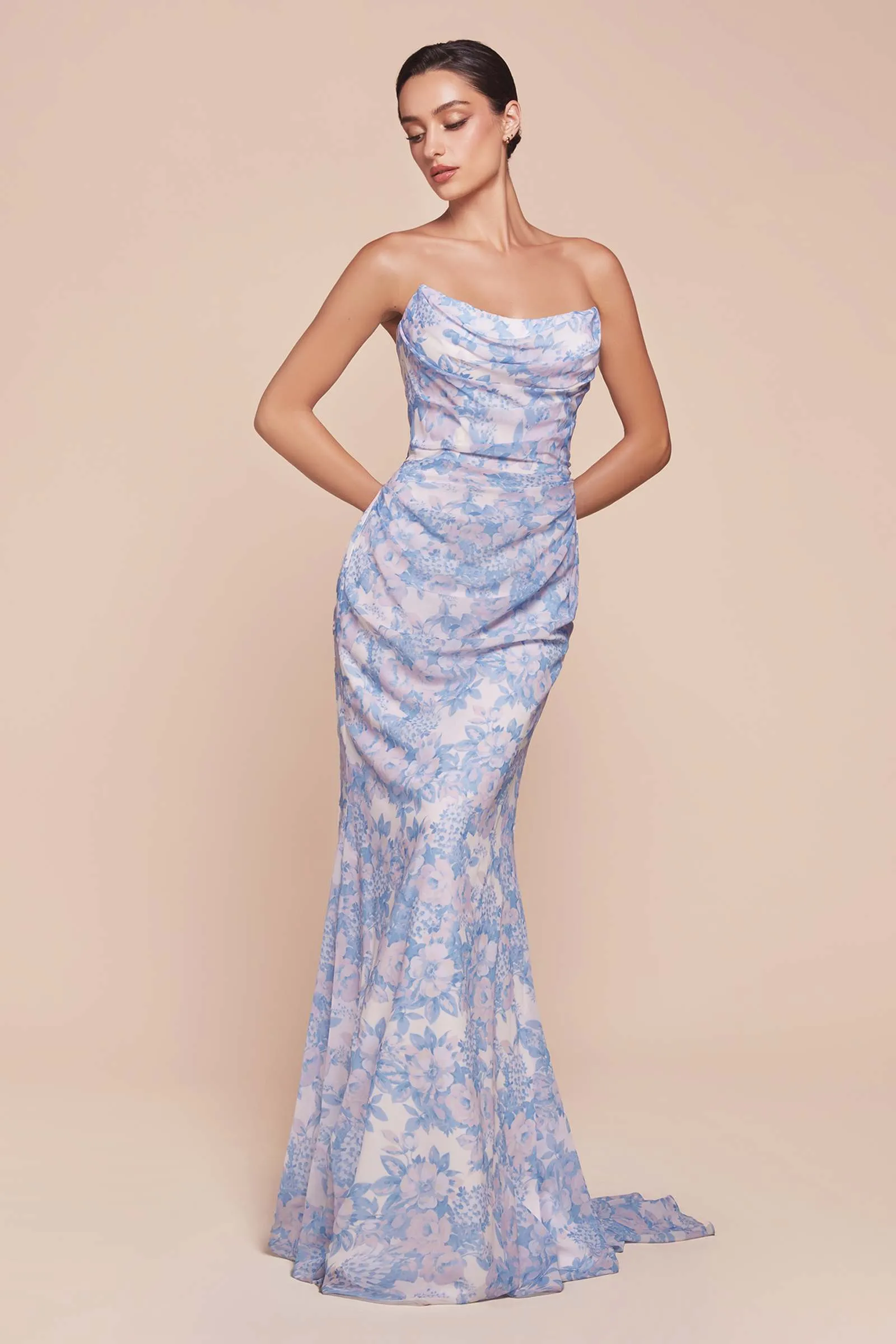 Ladivine 7445 Dress Strapless Floral Printed Fitted Soft Satin Dress