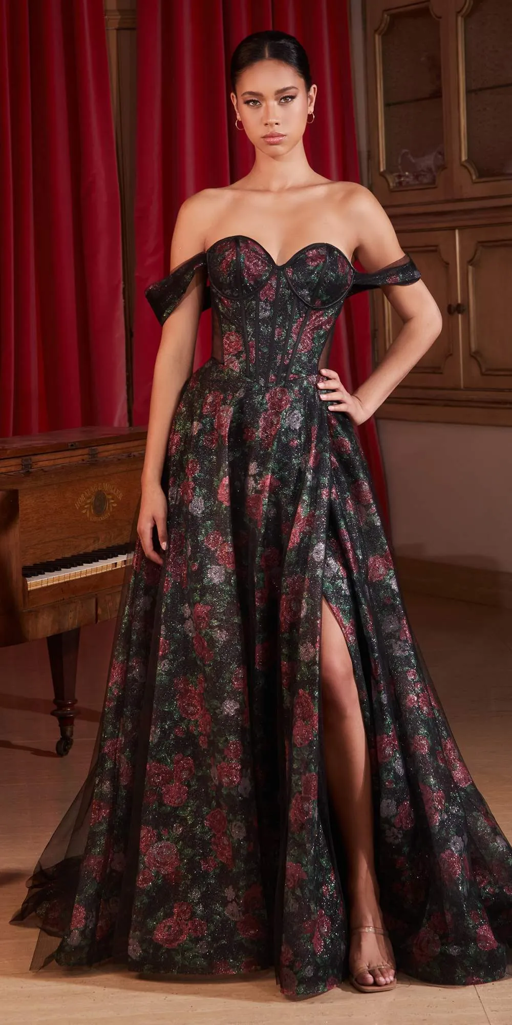 Ladivine CD806 Black Off The Shoulder Ball Gown With Floral Underlay