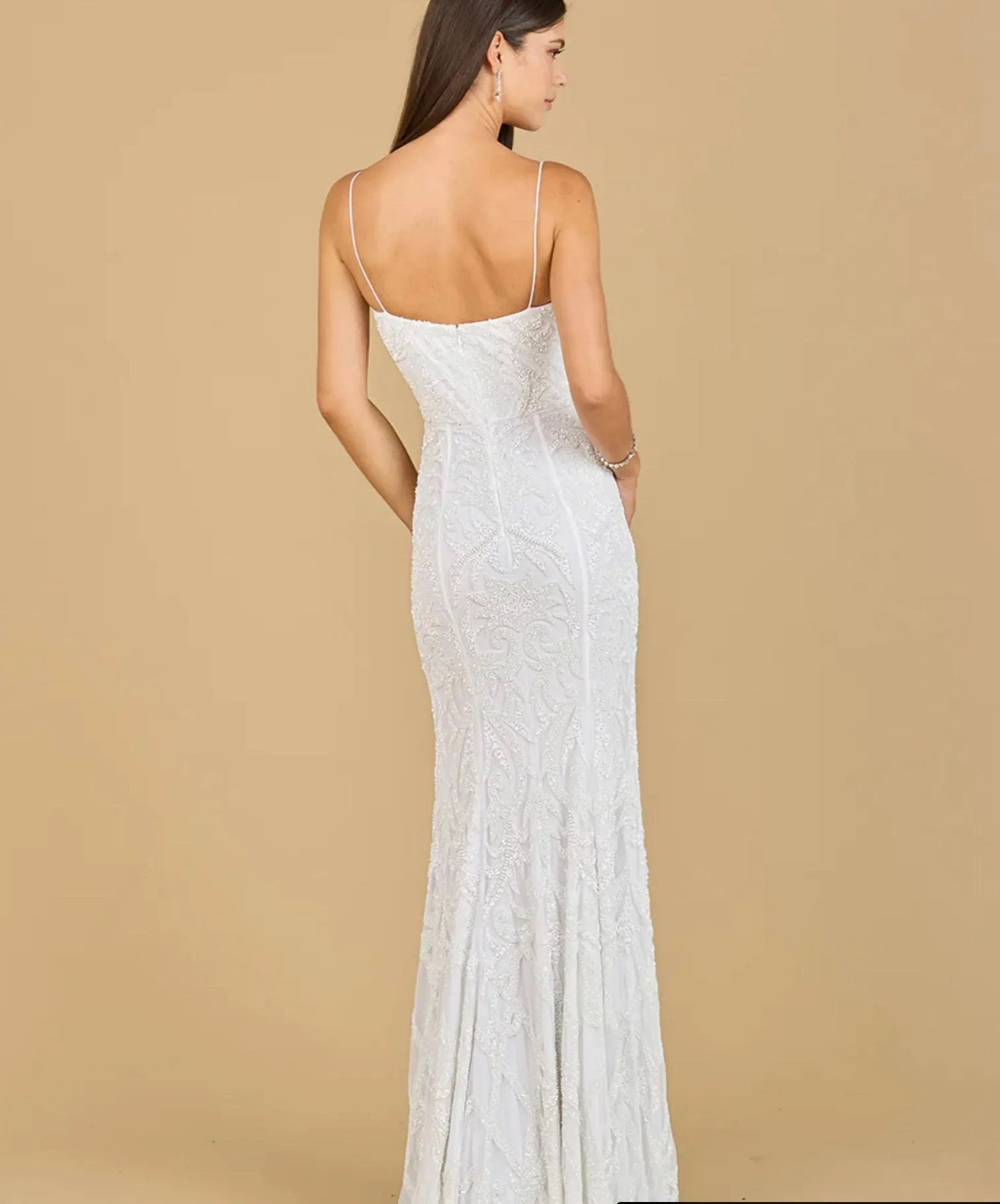 Lara Ivory Brooke Beaded Spaghetti Strap Sheath Gown 51138