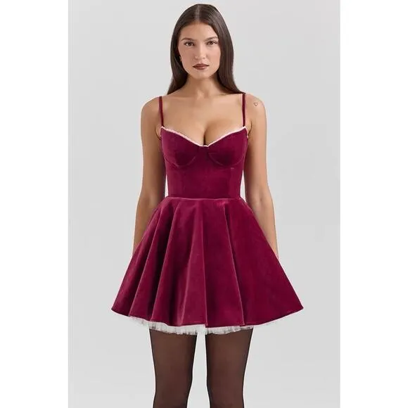Lavish Ivy Selena Mini Dress Burgundy Velvet Fit &amp; Flare Cocktail Dress Size M