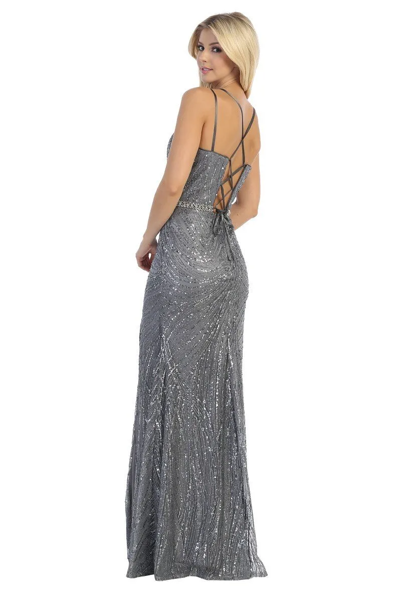 LF 7633 - Glitter Patterned Fit & Flare Prom Gown with Leg Slit Beaded Belt & Lace Up Corset Back
