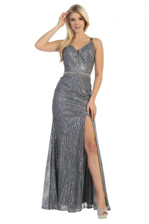 LF 7633 - Glitter Patterned Fit & Flare Prom Gown with Leg Slit Beaded Belt & Lace Up Corset Back