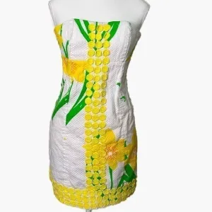 LILLY PULITZER Strapless Dress in Daffodil Print with Lace Detailing