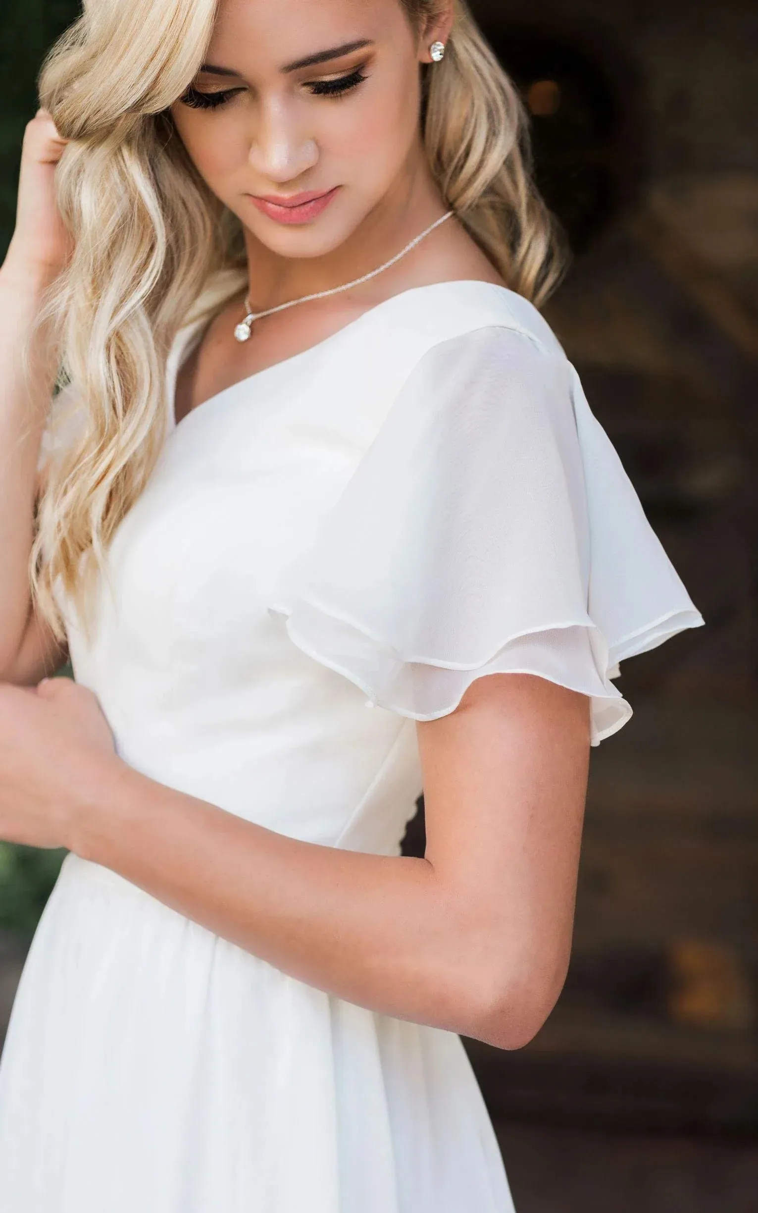 Liora | A Line V-neck Chiffon Floor-length Brush Train Short Sleeve Wedding Dress with Ruffles