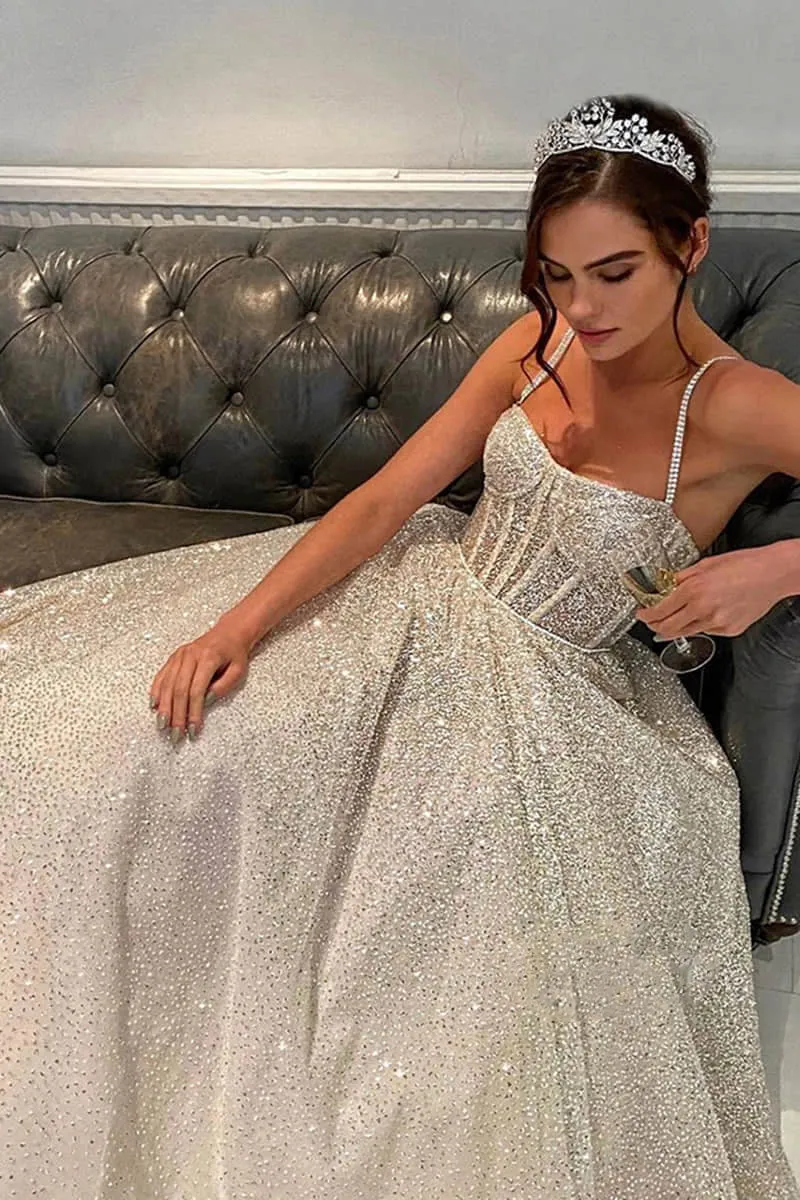 Liva | Spaghetti Straps Sequins A-line Sparkly Wedding Dress Bridal Gown