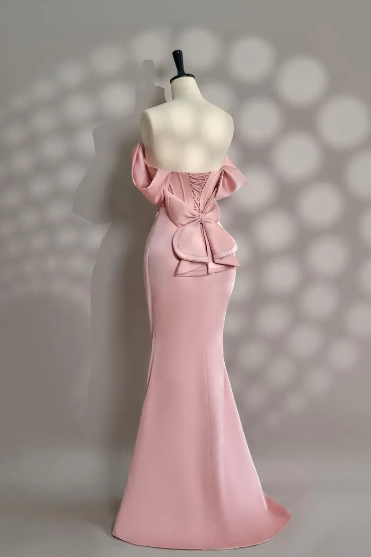 Long Pink Satin Prom Dress Off Shoulder Prom Dress Evening Party Gowns    fg7426