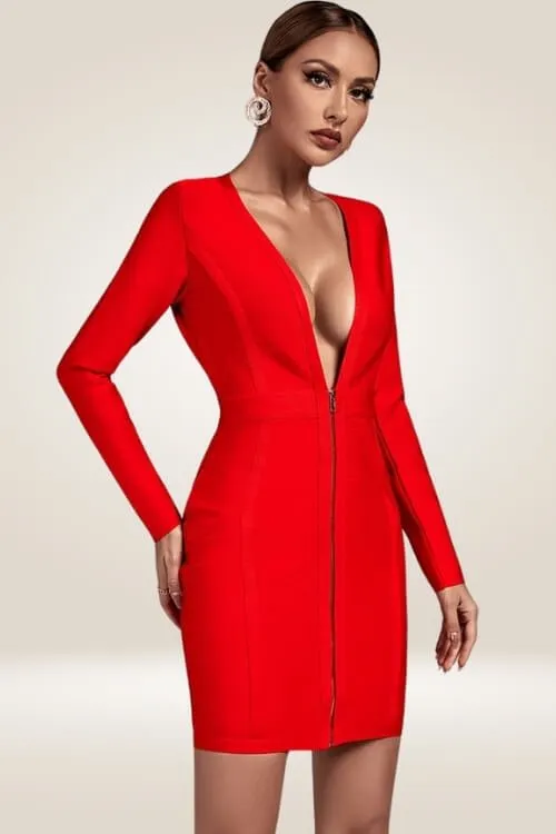 Long Sleeve Red Bodycon Mini Dress