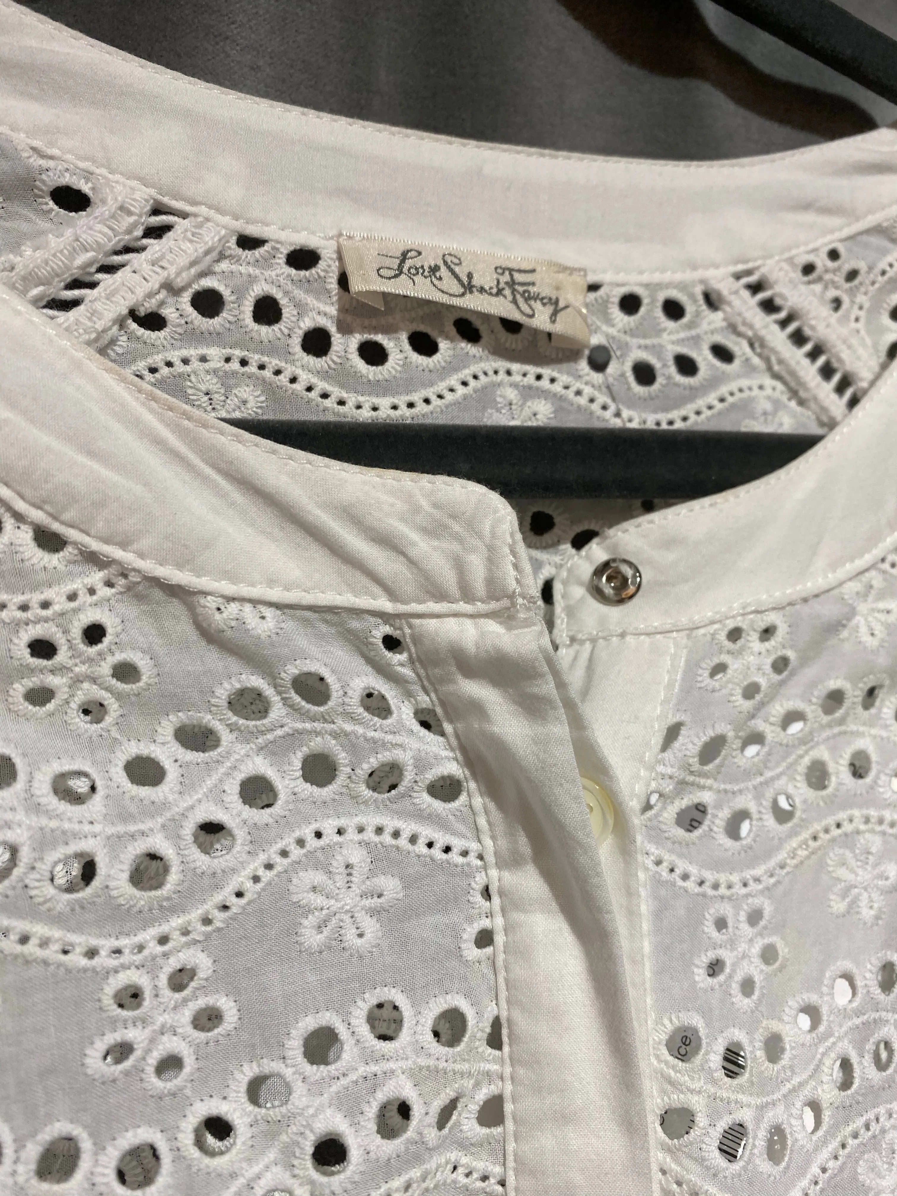 Love Shack Fancy Mini White Eyelet Short Sleeve button up dress