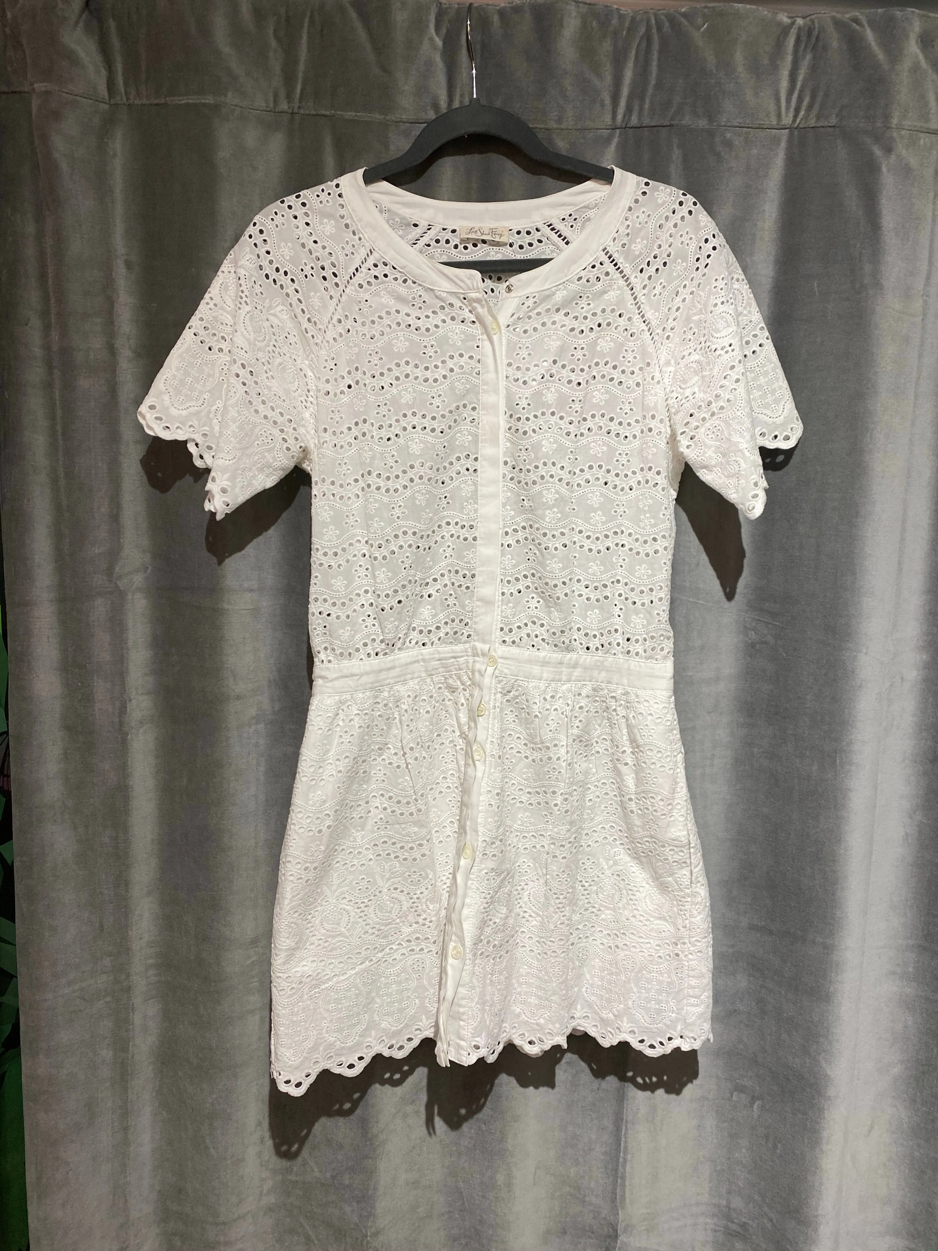 Love Shack Fancy Mini White Eyelet Short Sleeve button up dress