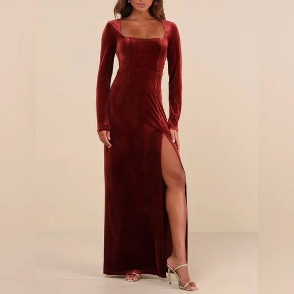 Lulu’s Lovely And Luminous Rust Velvet Long Sleeve Maxi Dress Gown Size Medium