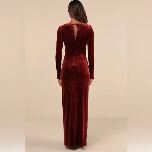 Lulu’s Lovely And Luminous Rust Velvet Long Sleeve Maxi Dress Gown Size Medium