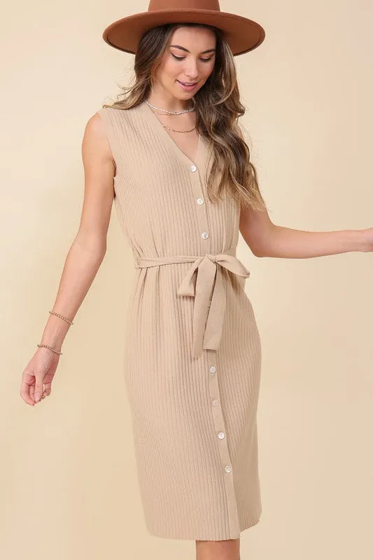Lumiere V-Neck Sleeveless Knee Length Dress W/Waist Tie