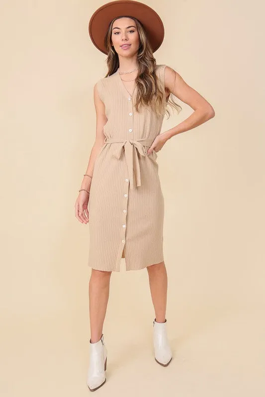 Lumiere V-Neck Sleeveless Knee Length Dress W/Waist Tie