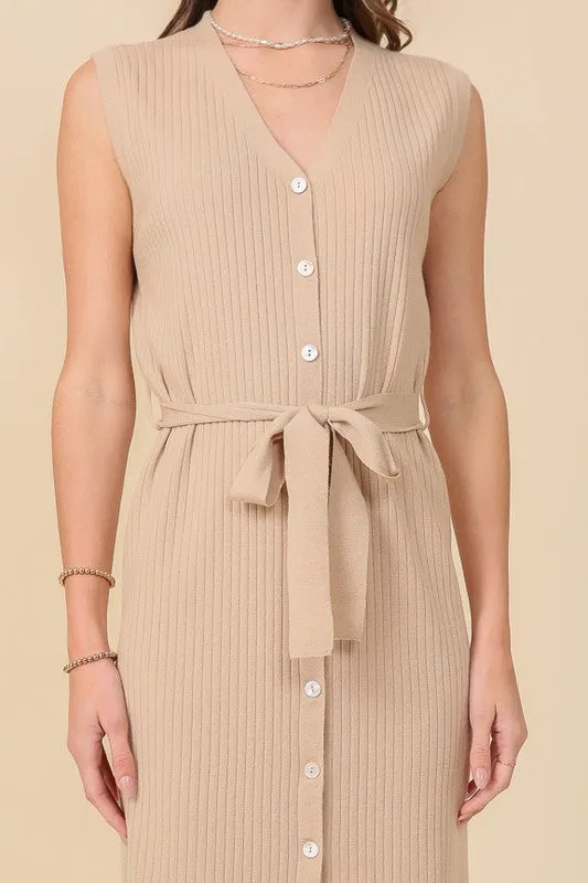 Lumiere V-Neck Sleeveless Knee Length Dress W/Waist Tie